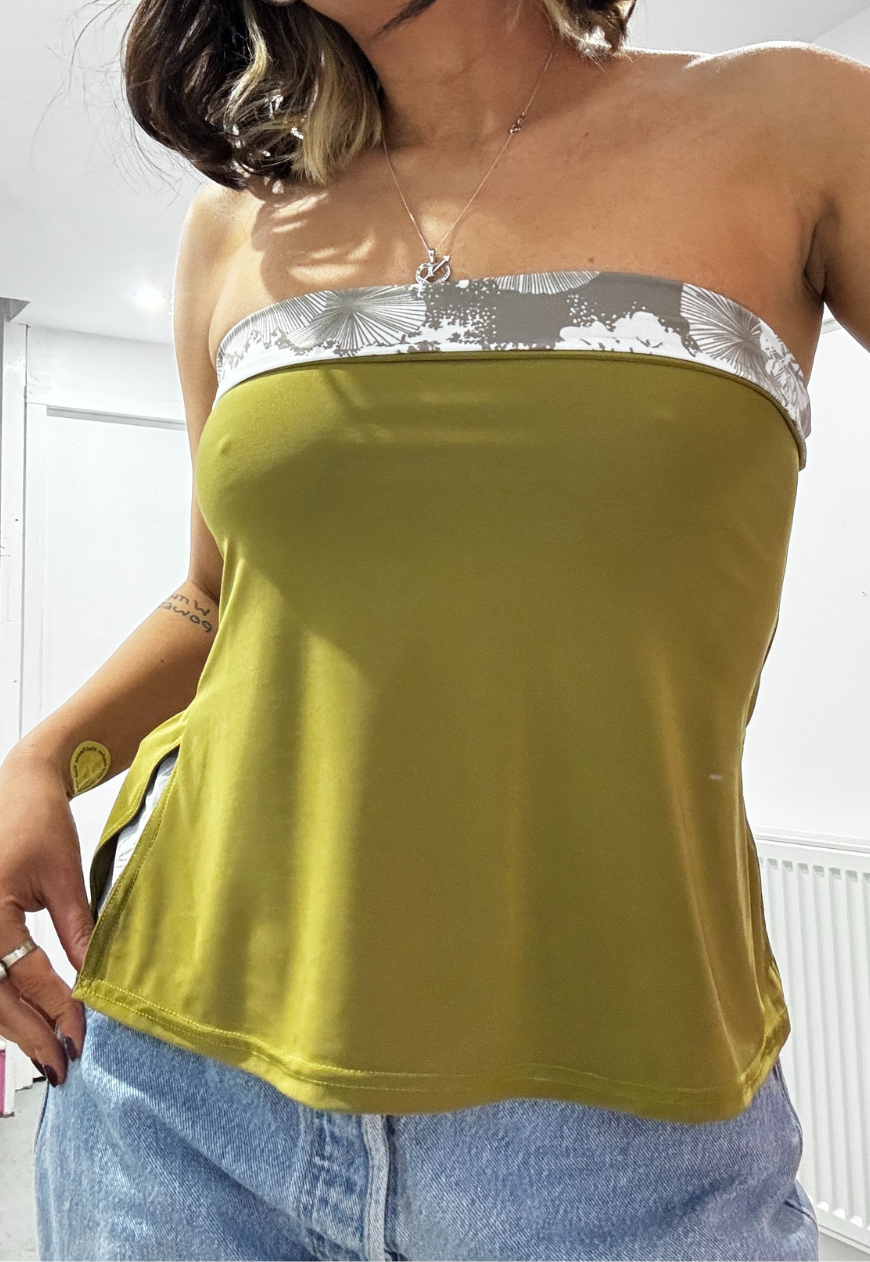 BROWN FLOWER/OLIVE SLINKY REVERSIBLE BANDEAU SPLIT TOP - XS HISSY FIT LTD