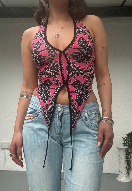 OFFCUTS PINK BAROQUE POINTED HALTER TOP - S/M HISSY FIT LTD