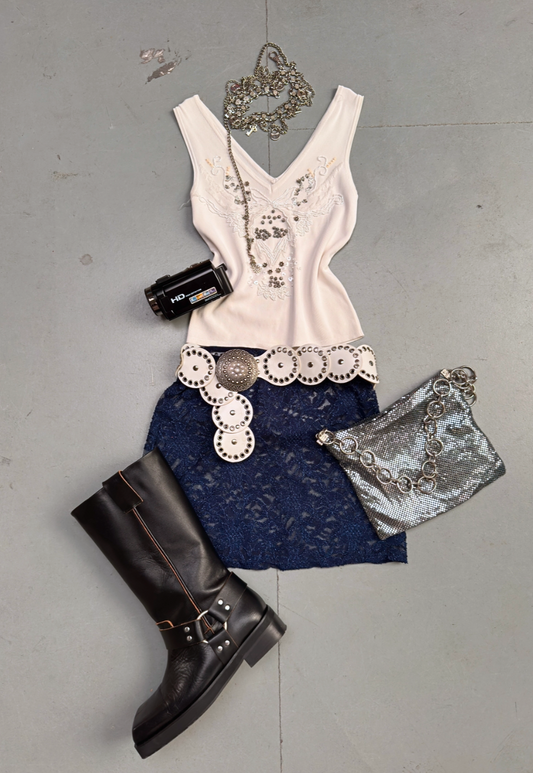 NAVY SHIMMER LACE SKIRT - XS HISSY FIT LTD