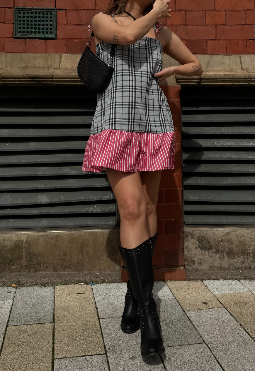 STRIPE/CHECK REVERSIBLE RUFFLE DRESS - 2XS HISSY FIT LTD