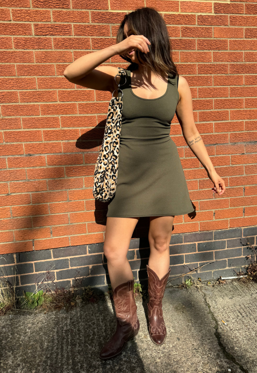 multiway olive cinch mini dress