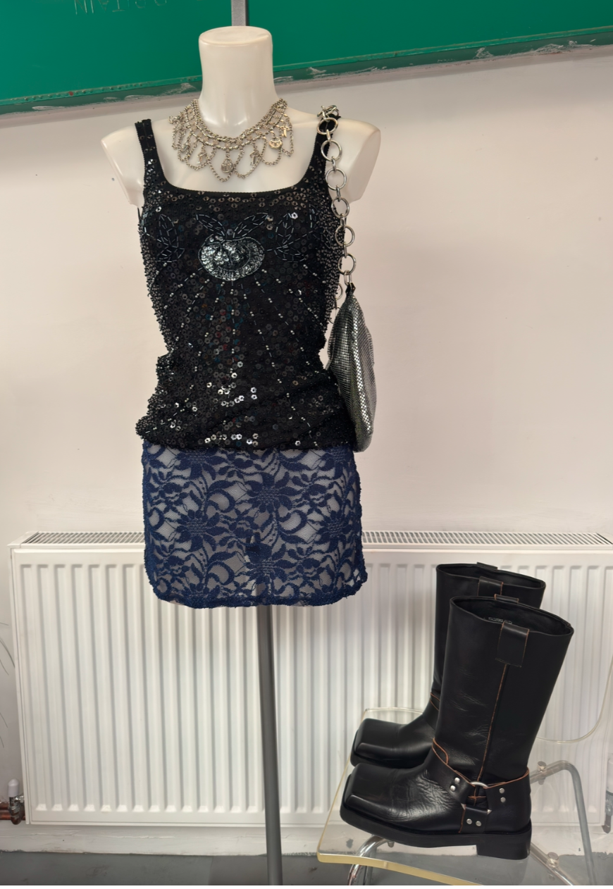 NAVY SHIMMER LACE SKIRT - XS HISSY FIT LTD