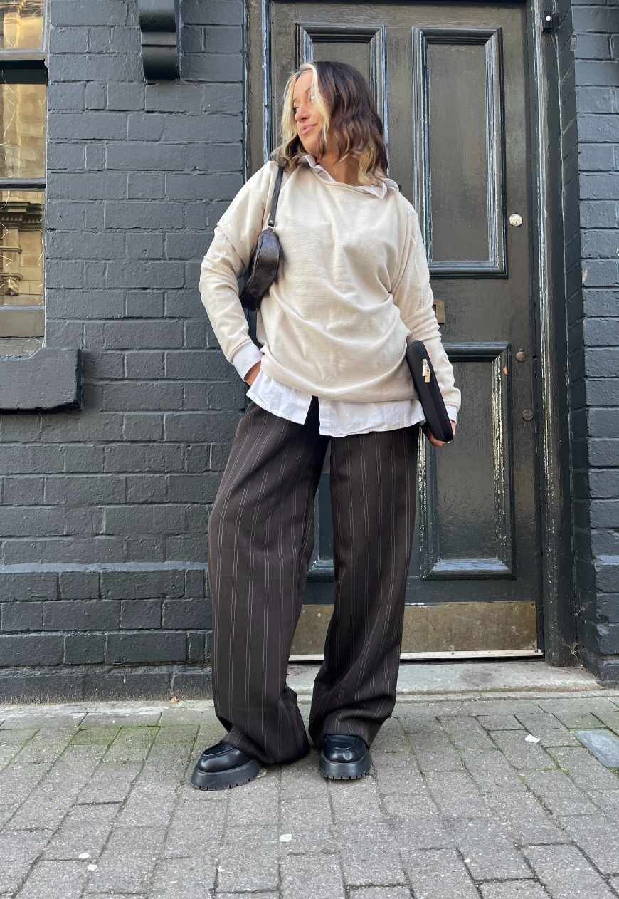 coffee stripe staple trouser