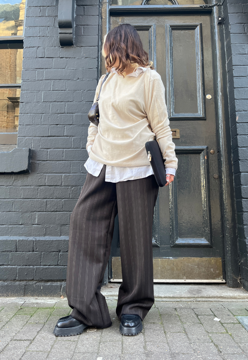 coffee stripe staple trouser