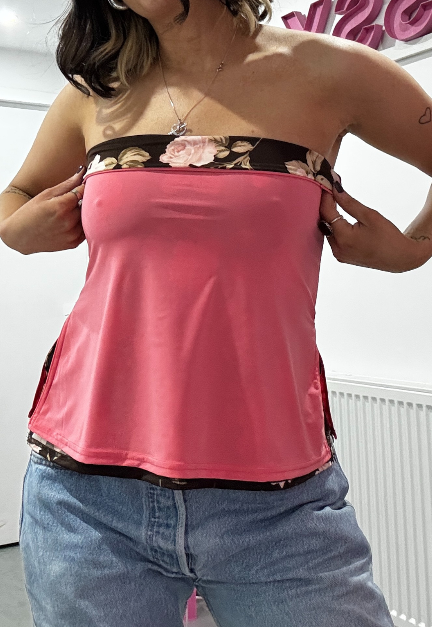 PINK ROSE/PINK SLINKY REVERSIBLE BANDEAU SPLIT TOP - XS HISSY FIT LTD