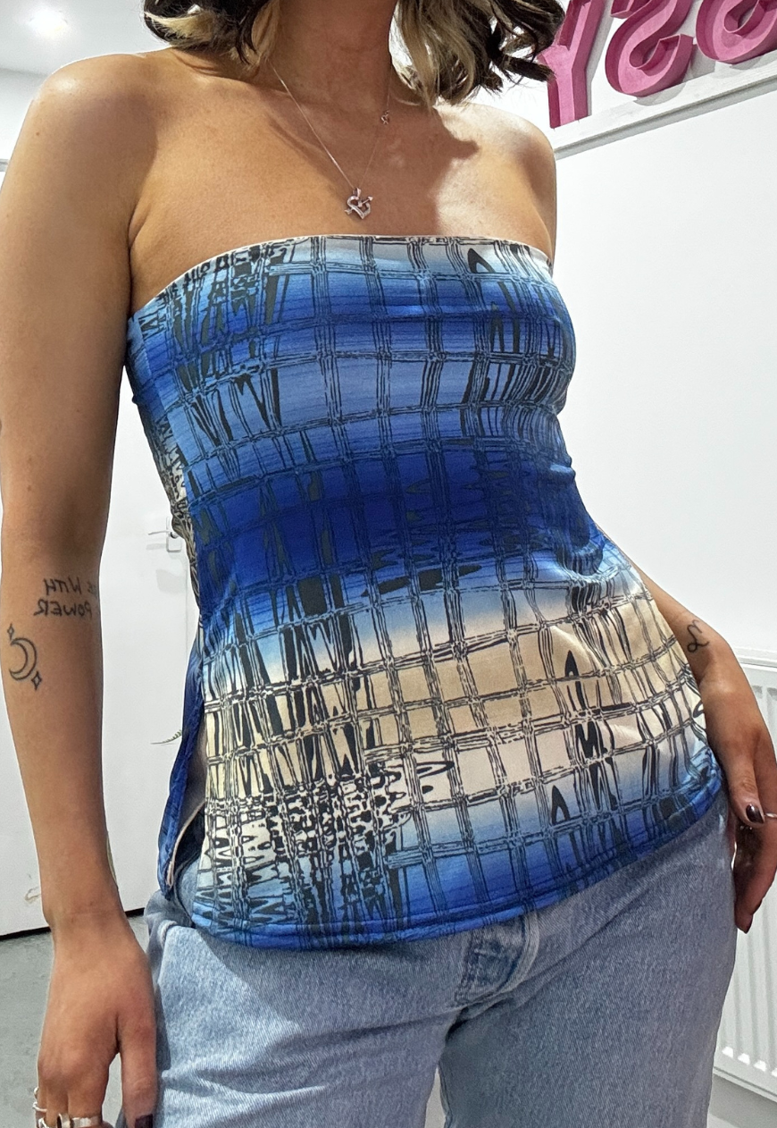 BLUE GRID/OAT SLINKY REVERSIBLE BANDEAU SPLIT TOP - XS HISSY FIT LTD