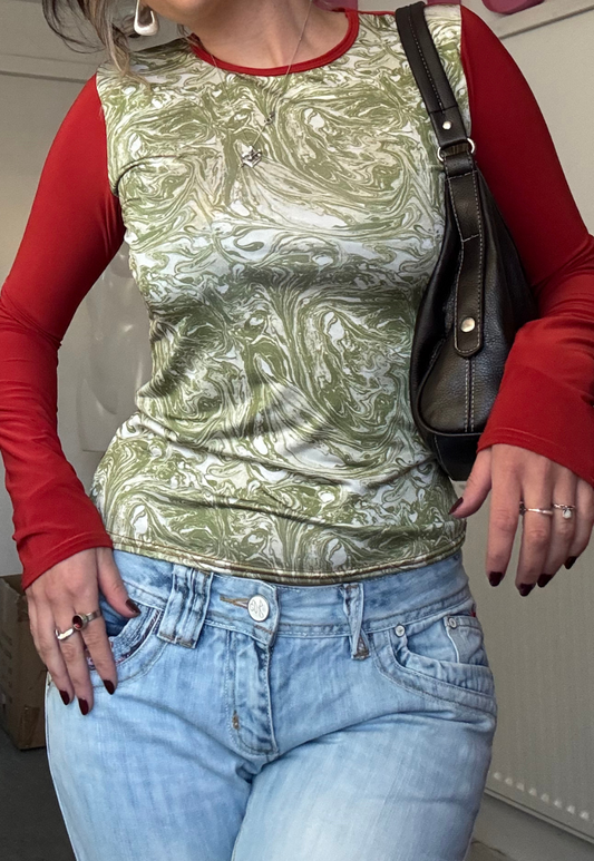 ORANGE/GREEN SWIRL SLEEVED TOP - XL HISSY FIT LTD