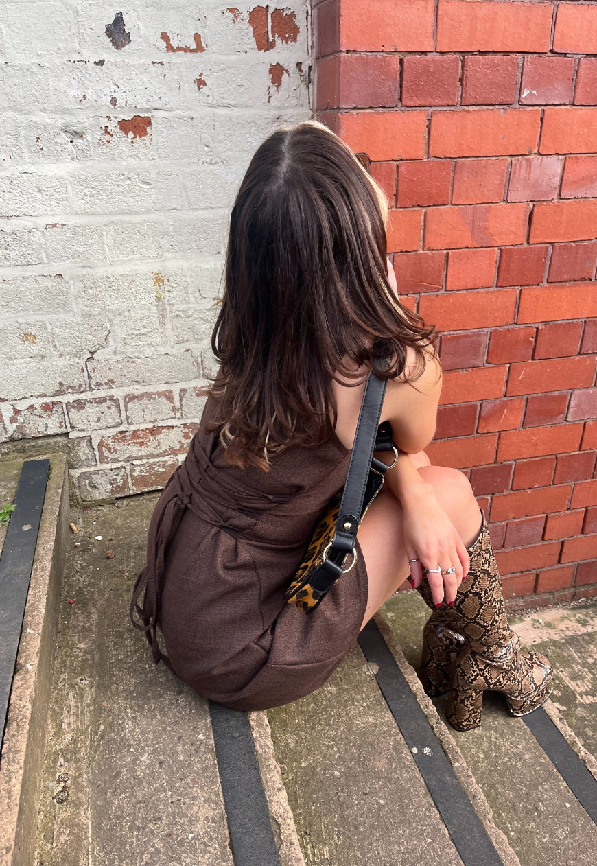BROWN WOVEN SLASH MINI DRESS - 2XS HISSY FIT LTD