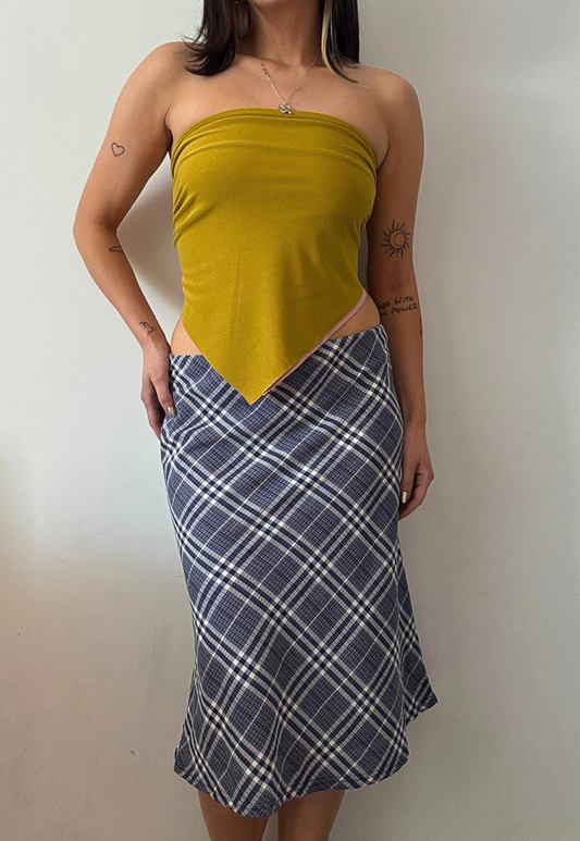 blue check midi skirt