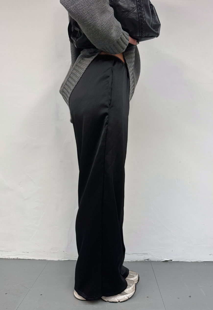 black satin straight leg trousers