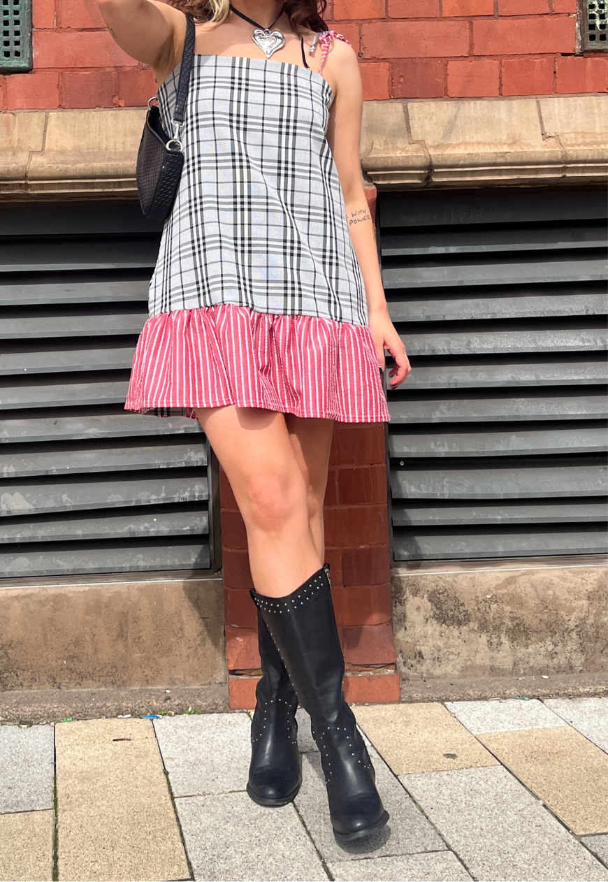 STRIPE/CHECK REVERSIBLE RUFFLE DRESS - 2XS HISSY FIT LTD