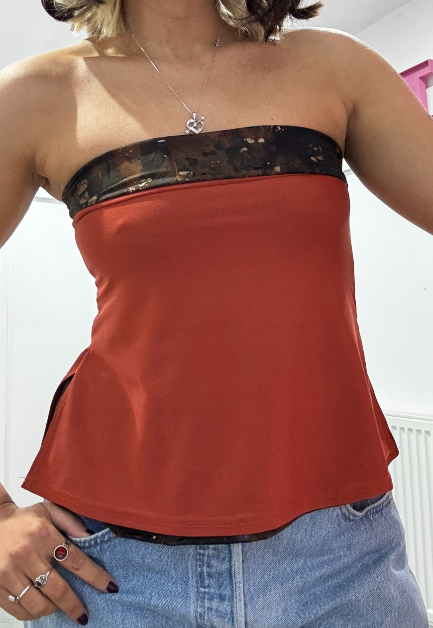 GOLD FOIL/ORANGE SLINKY REVERSIBLE BANDEAU SPLIT TOP - XS HISSY FIT LTD