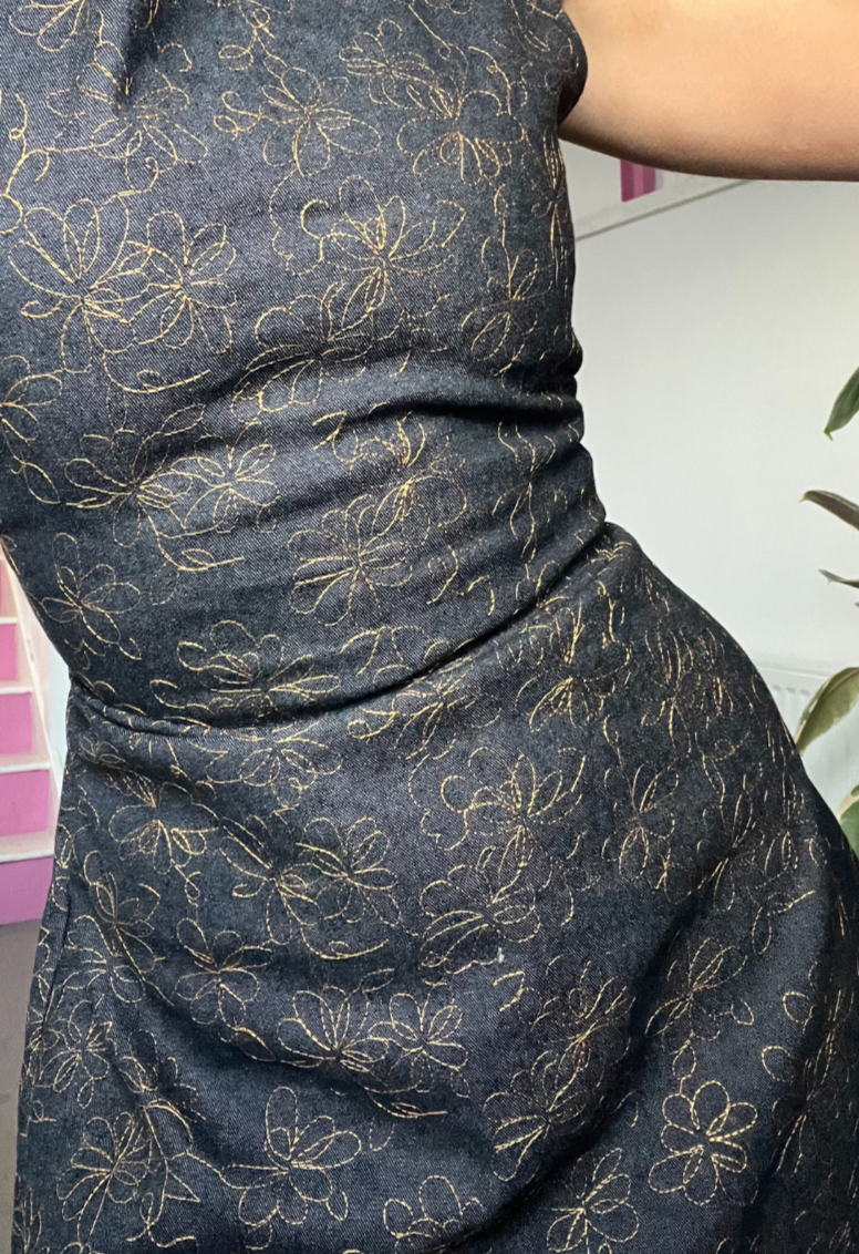 DENIM EMBROIDERED CINCH MINI DRESS - 2XS HISSY FIT LTD