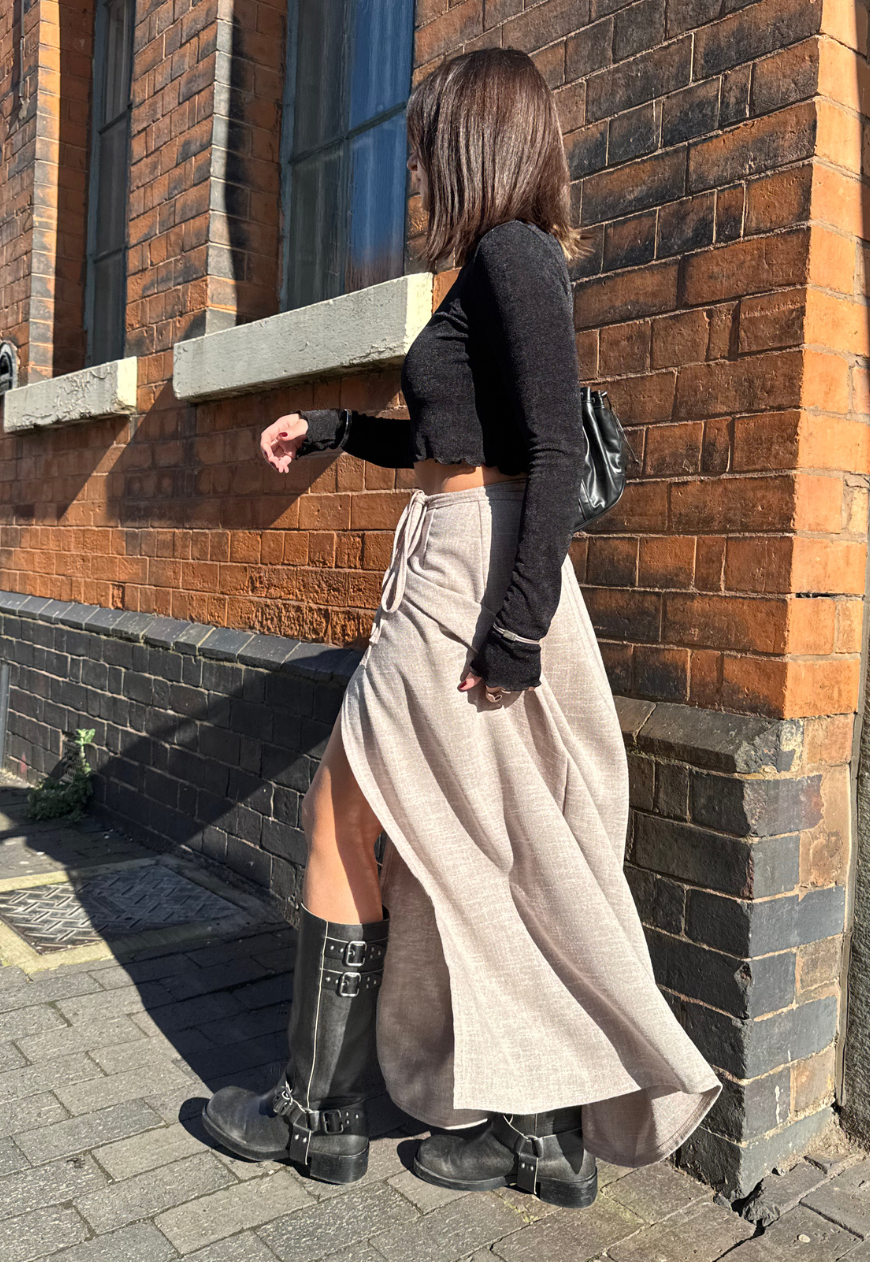 STONE WOVEN MAXI WRAP SKIRT