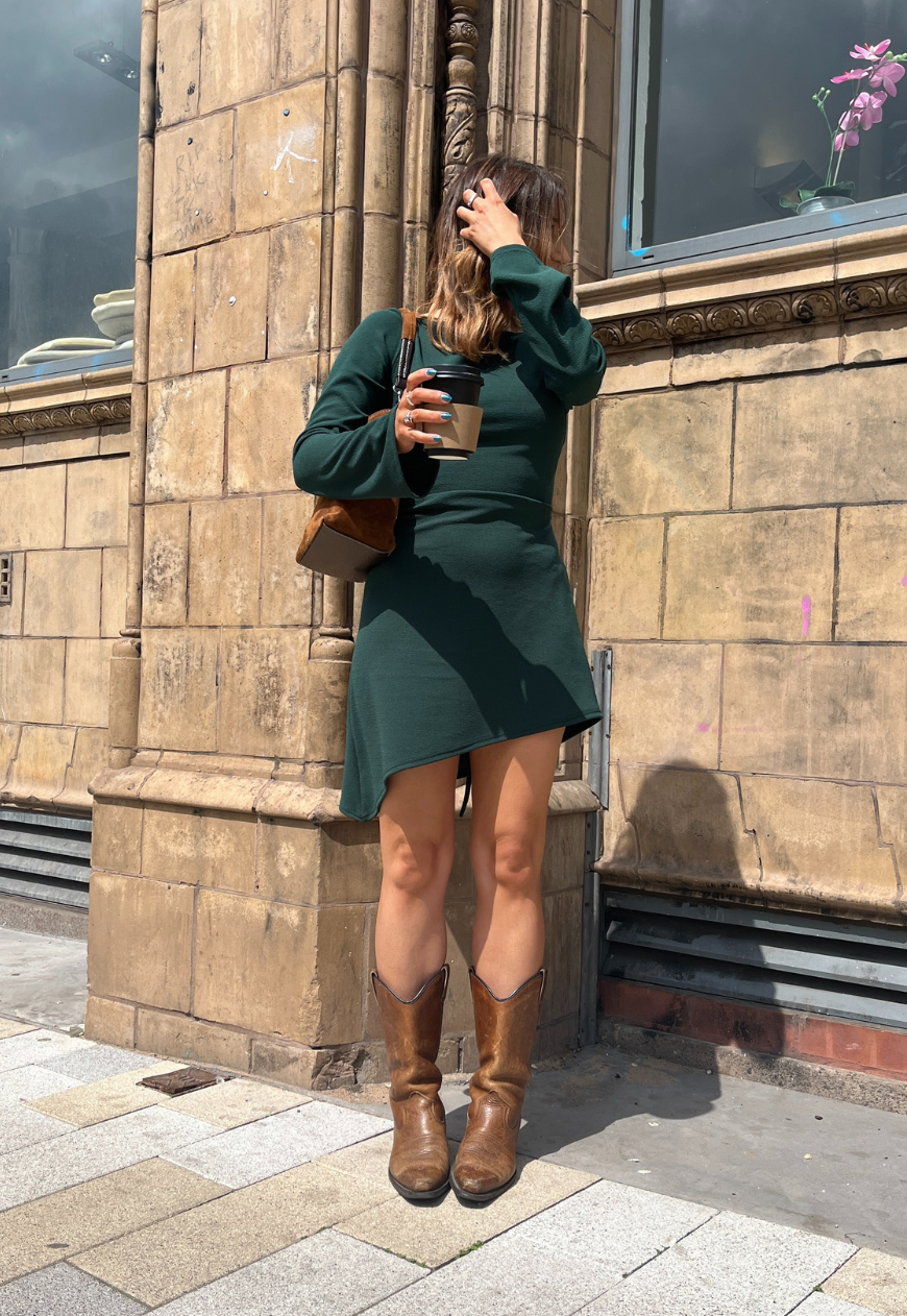 EMERALD ASYMMETRIC CINCH DRESS