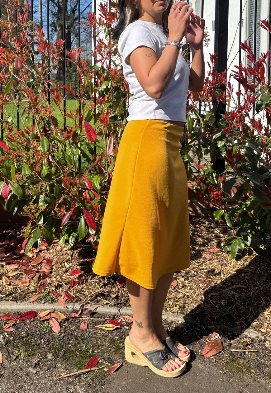 yellow midi skirt
