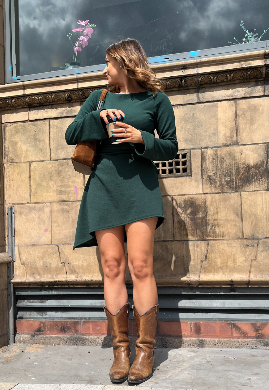 EMERALD ASYMMETRIC CINCH DRESS