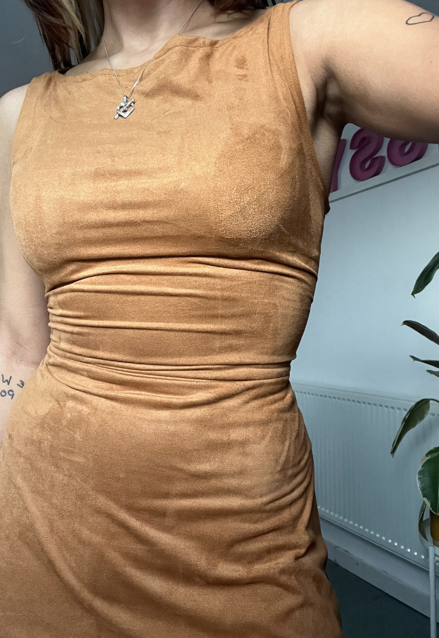 BROWN MOLESKIN (FAUX SUEDE) CINCH MINI DRESS - 2XS HISSY FIT LTD