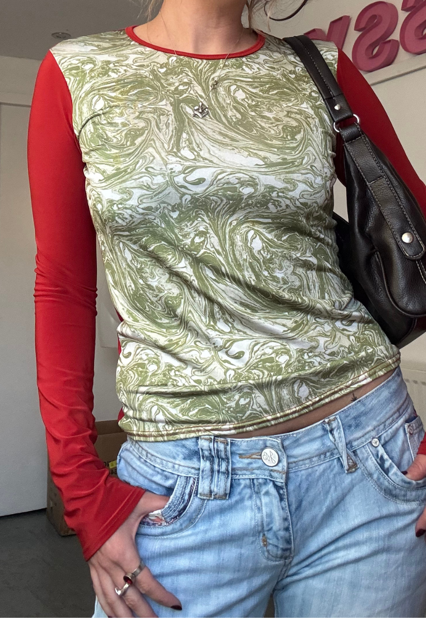 ORANGE/GREEN SWIRL SLEEVED TOP