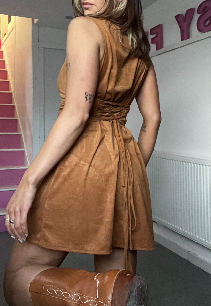 BROWN MOLESKIN (FAUX SUEDE) CINCH MINI DRESS - 2XS HISSY FIT LTD