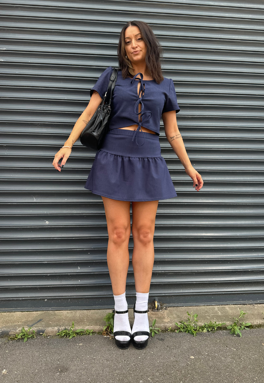 INDIGO BENGALINE RUFFLE SKIRT - XS HISSY FIT LTD