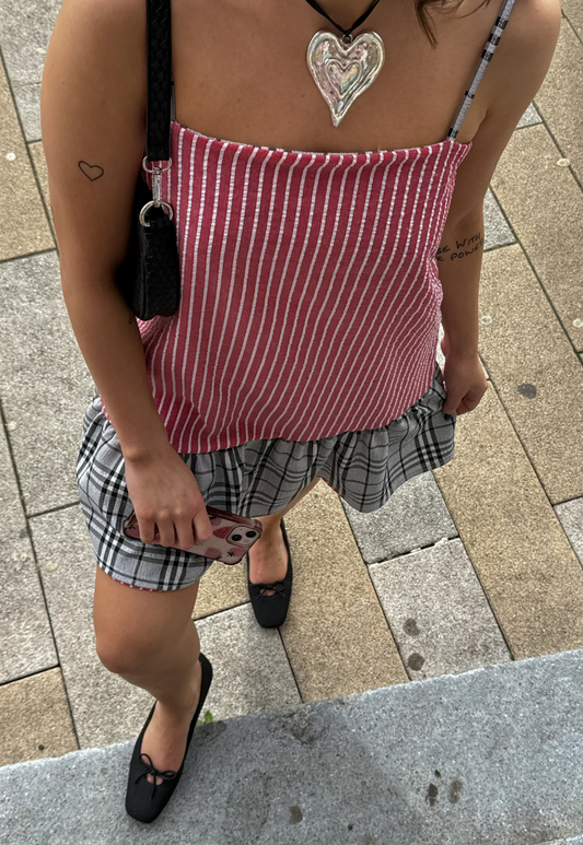 stripe/check reversible ruffle dress