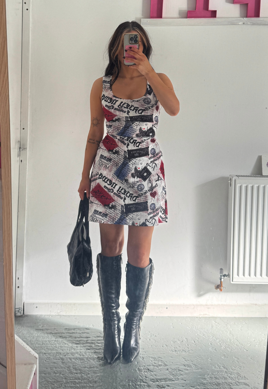 newsprint multiway cinch mini dress