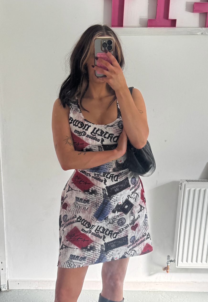 newsprint multiway cinch mini dress