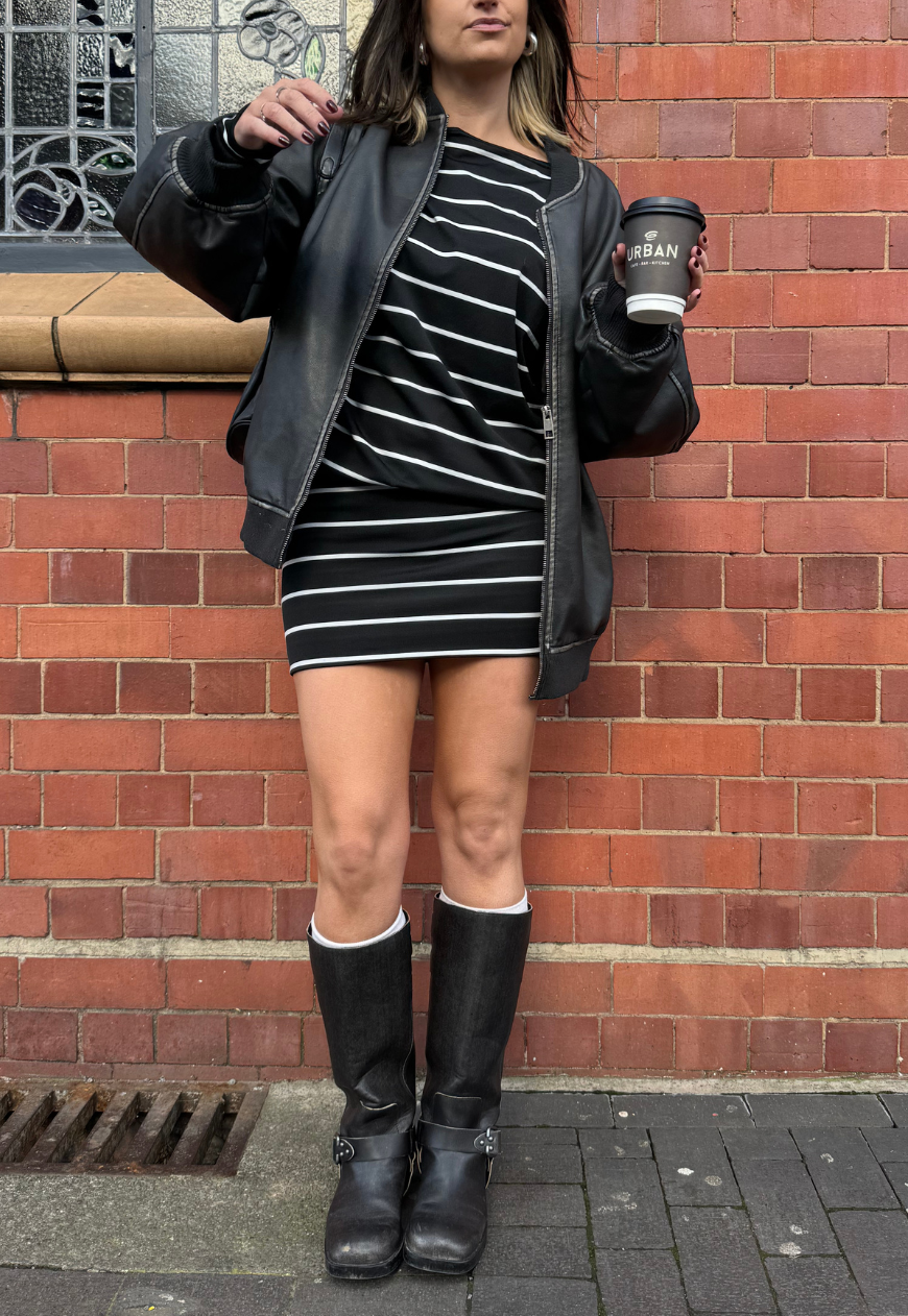 B&W STRIPE SLOUCH DRESS - XS HISSY FIT LTD