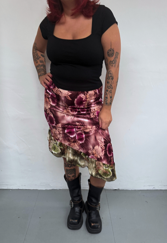 pink/green asymmetric ruffle skirt