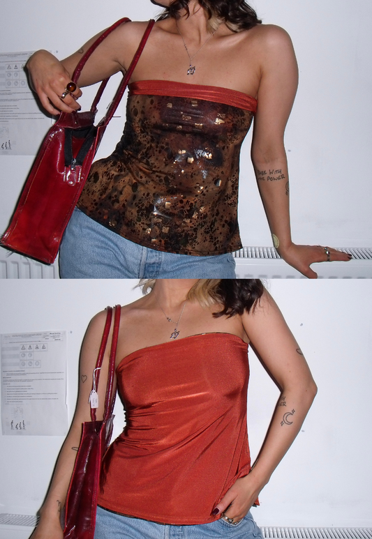 GOLD FOIL/ORANGE SLINKY REVERSIBLE BANDEAU SPLIT TOP - XS HISSY FIT LTD