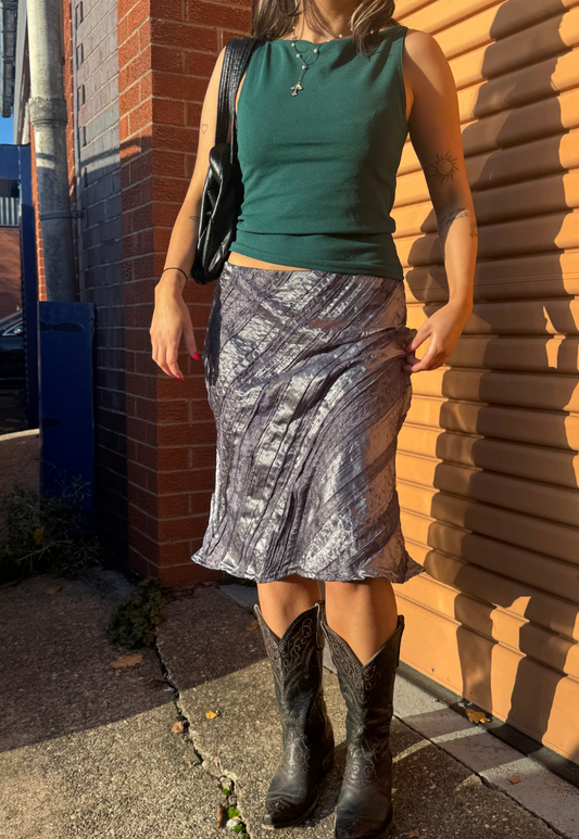 silver satin & lace midi skirt