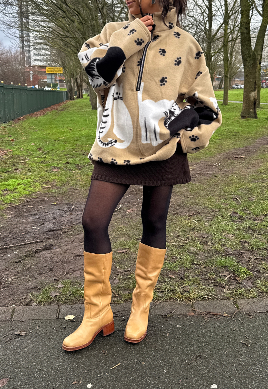 beige cat print fleece *free scarf*