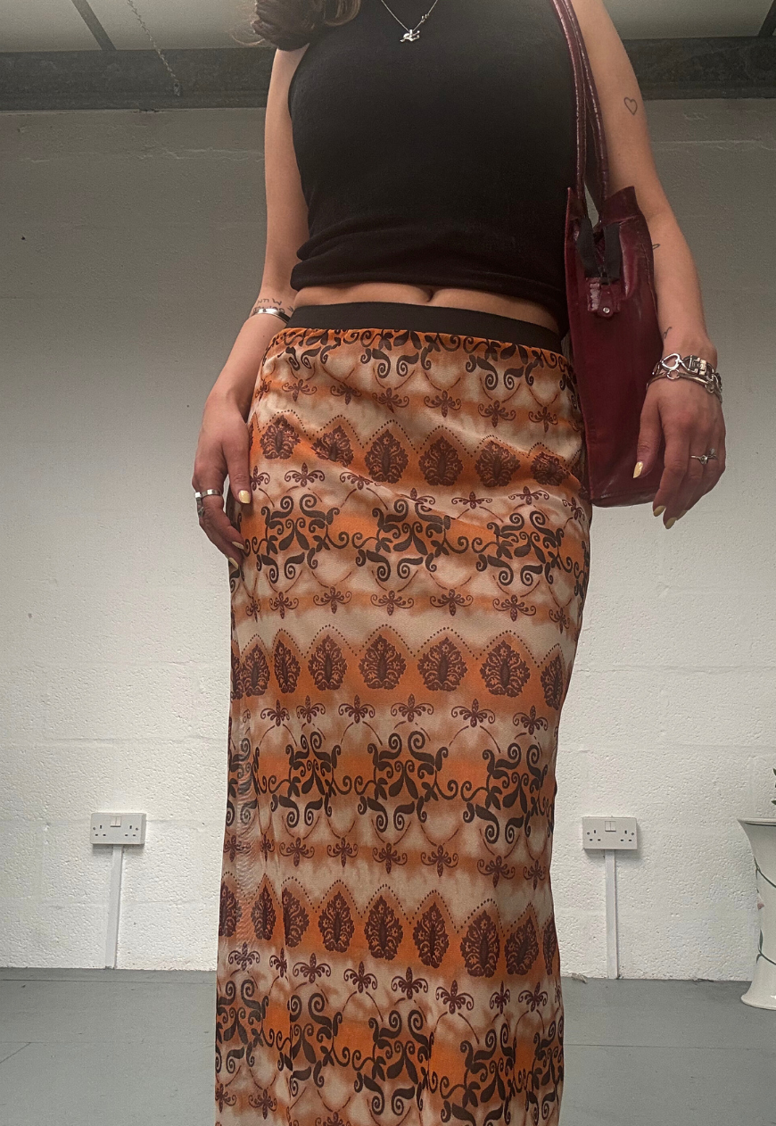 ORANGE GRUNGE MESH MIDI SKIRT - S HISSY FIT LTD