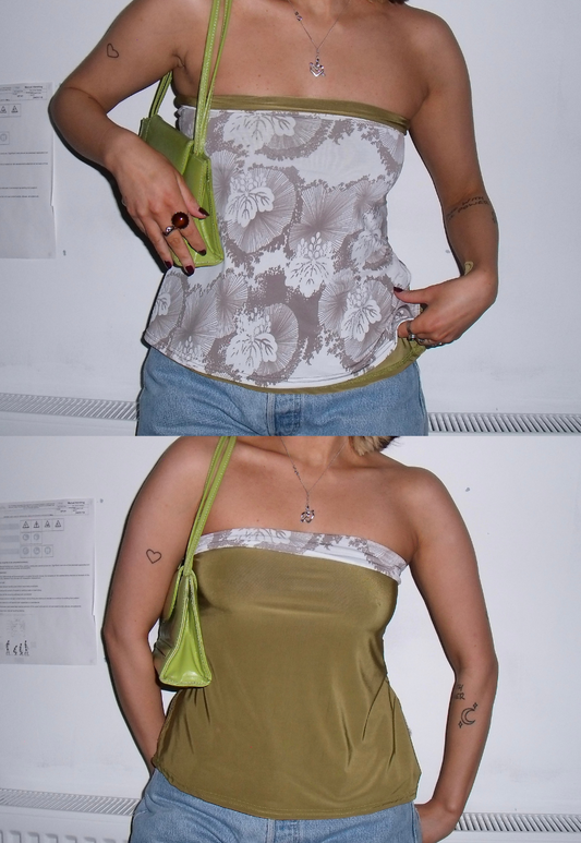 BROWN FLOWER/OLIVE SLINKY REVERSIBLE BANDEAU SPLIT TOP - XS HISSY FIT LTD
