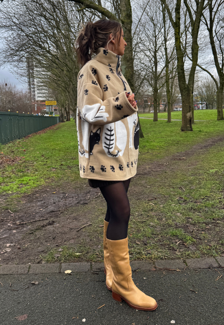 beige cat print fleece