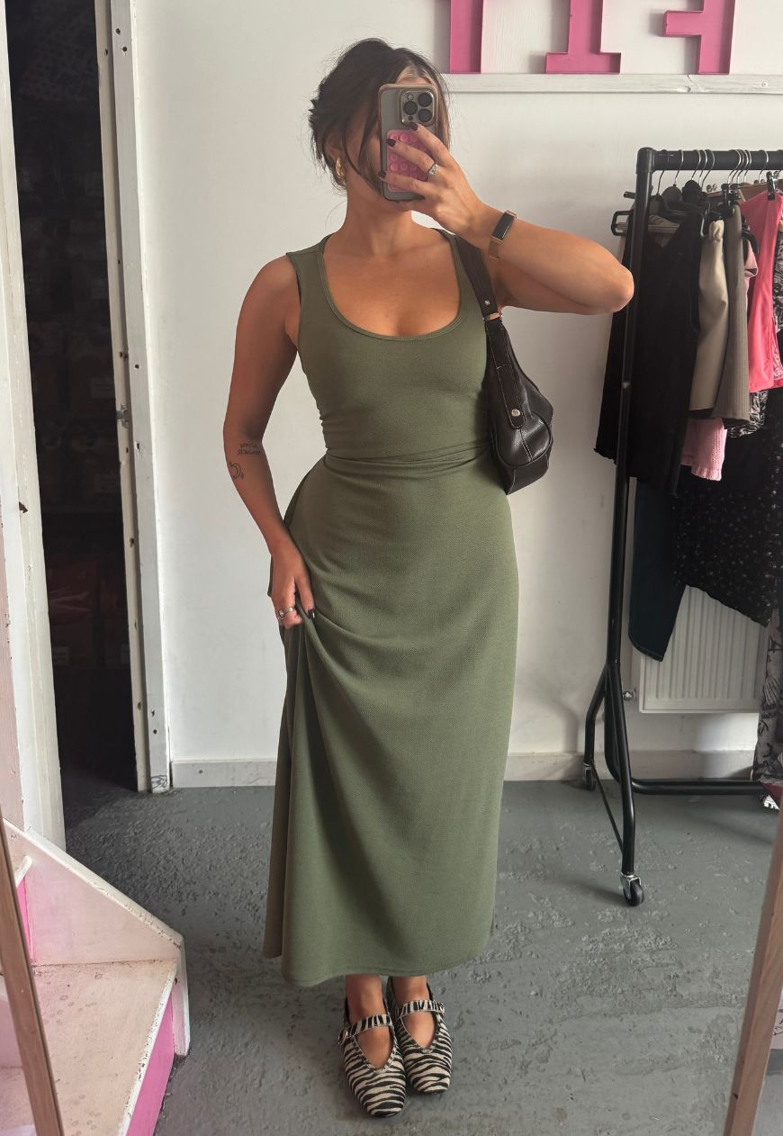 olive multiway cinch maxi dress