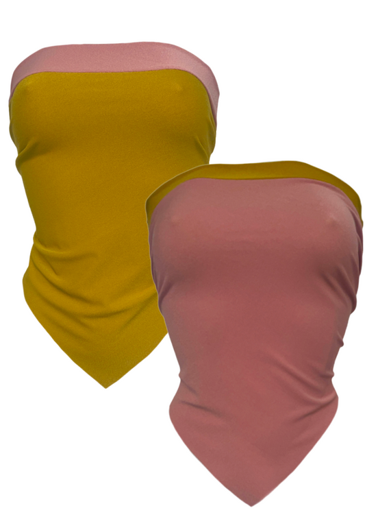 DUSKY PINK/MUSTARD REVERSIBLE HANKIE TOP - S/M HISSY FIT LTD