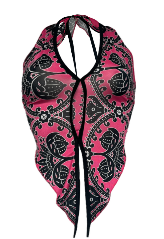 OFFCUTS PINK BAROQUE POINTED HALTER TOP - S/M HISSY FIT LTD