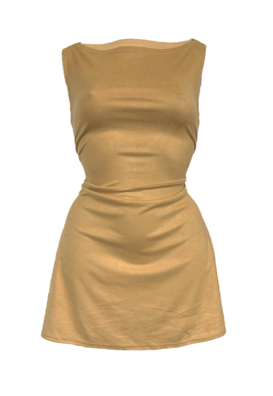 CAMEL MOLESKIN (FAUX SUEDE) CINCH MINI DRESS - 2XS HISSY FIT LTD