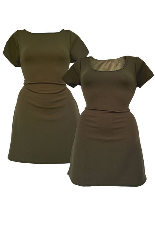olive multiway cap sleeve cinch mini dress