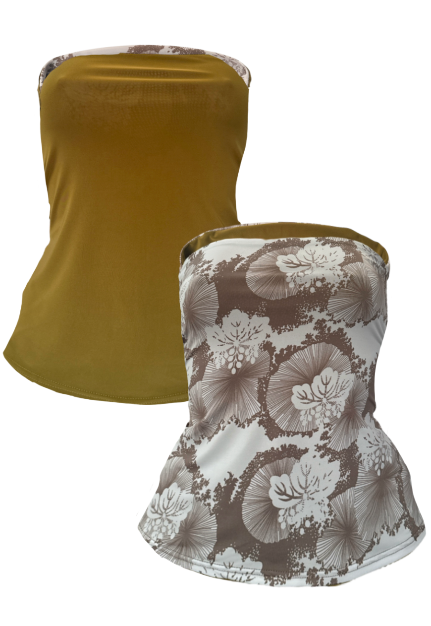 BROWN FLOWER/OLIVE SLINKY REVERSIBLE BANDEAU SPLIT TOP - XS HISSY FIT LTD