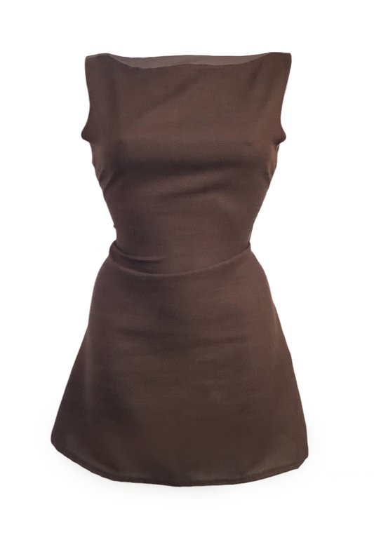 BROWN WOVEN SLASH MINI DRESS - 2XS HISSY FIT LTD