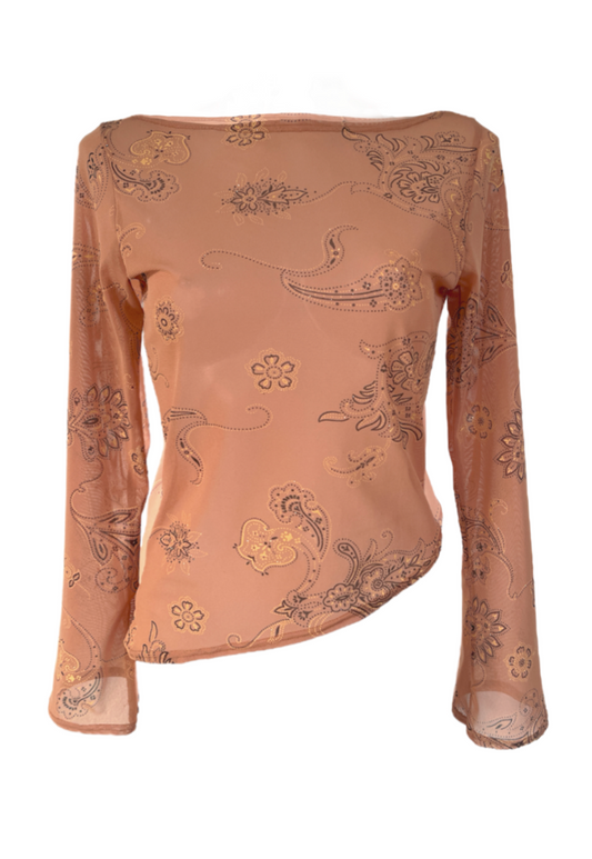 CARAMEL PAISLEY SLASH NECK ASYMMETRIC FLARED TOP - 2XS HISSY FIT LTD