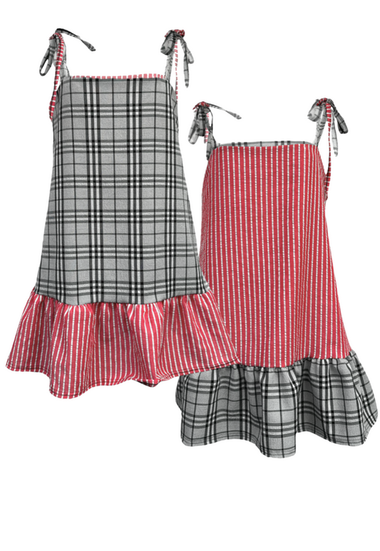 STRIPE/CHECK REVERSIBLE RUFFLE DRESS - 2XS HISSY FIT LTD