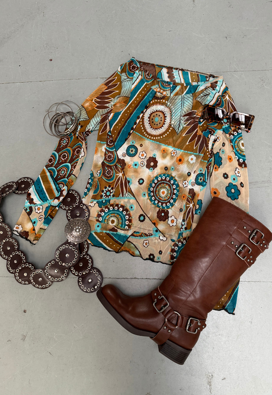 BROWN FLOWER MESH SLEEVED TOP - XS HISSY FIT LTD