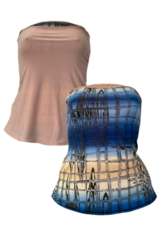 BLUE GRID/OAT SLINKY REVERSIBLE BANDEAU SPLIT TOP - XS HISSY FIT LTD