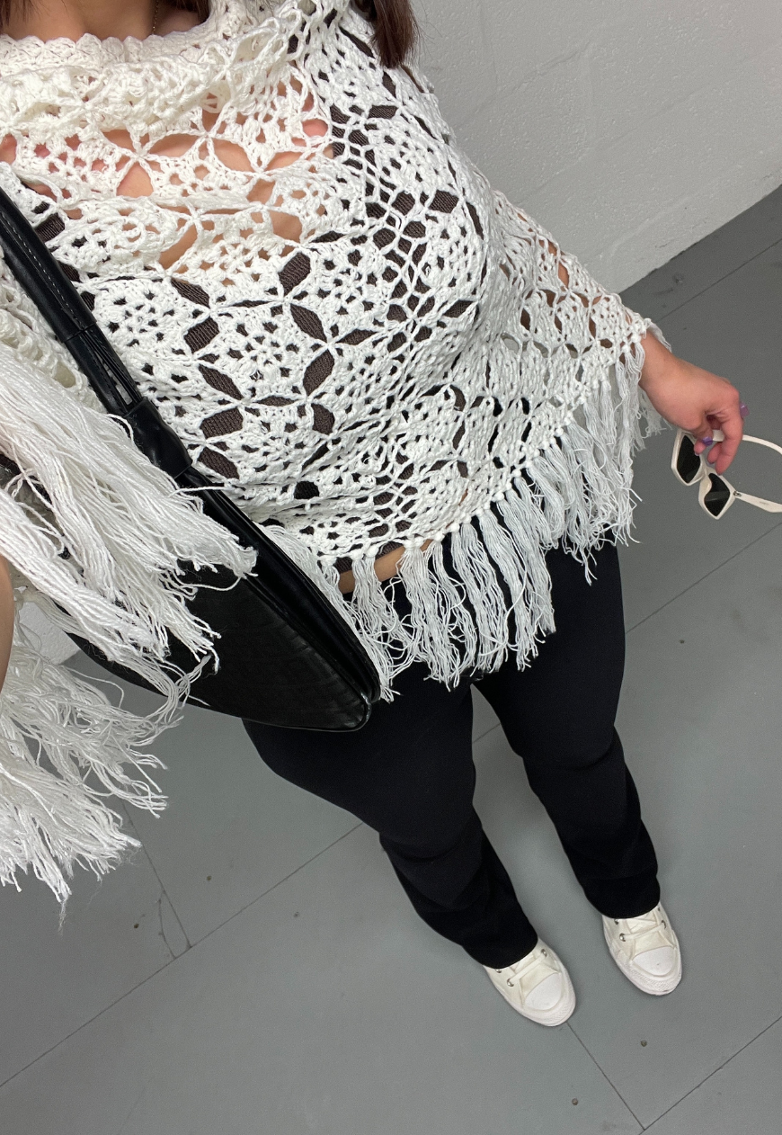 CREAM CROCHET PONCHO (A026) - HISSY FIT LTD
