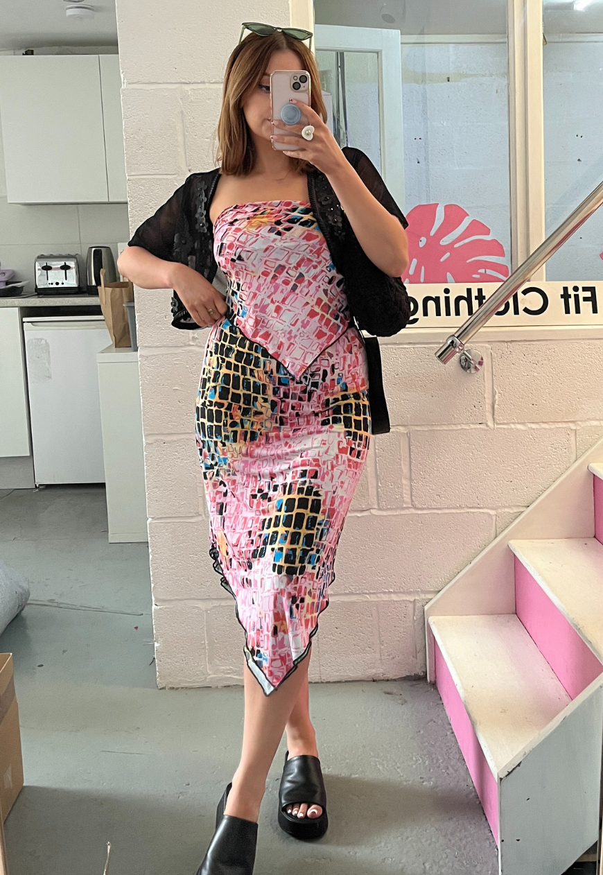 GREEN/PINK TILE REVERSIBLE HANKIE TOP - L/XL HISSY FIT LTD