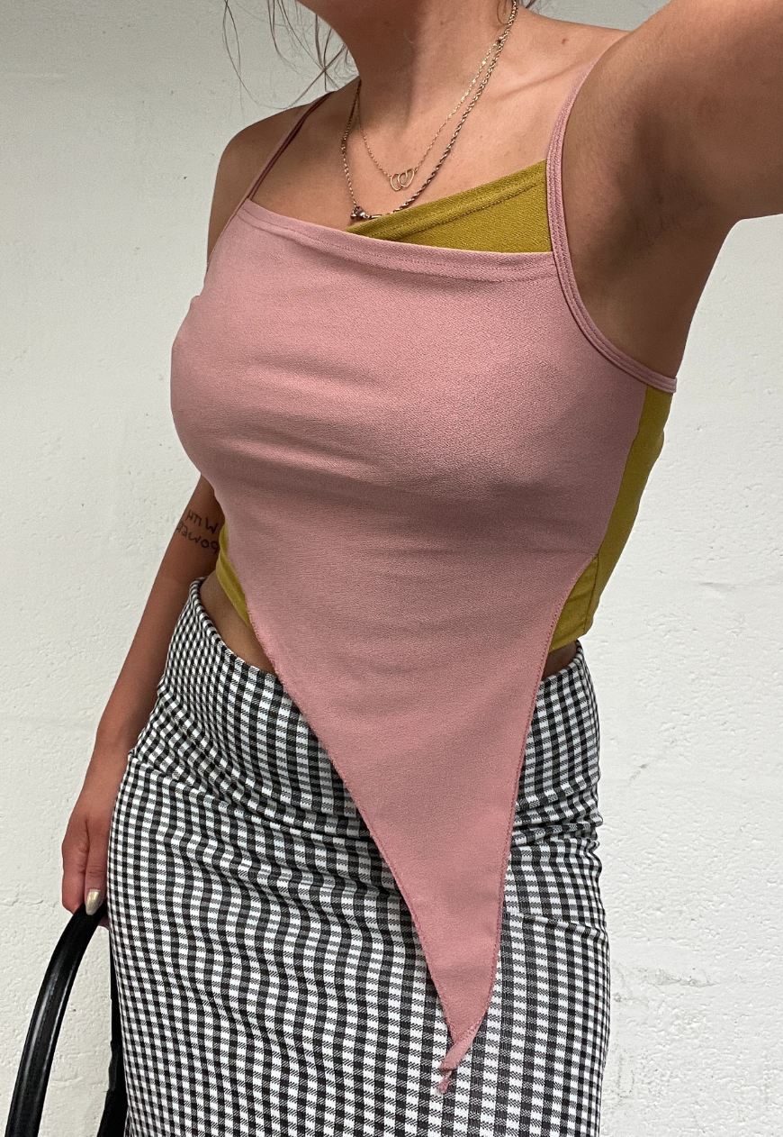 OFFCUTS DUSKY PINK/ MUSTARD ASYMMETRIC TOP (02) - S HISSY FIT LTD